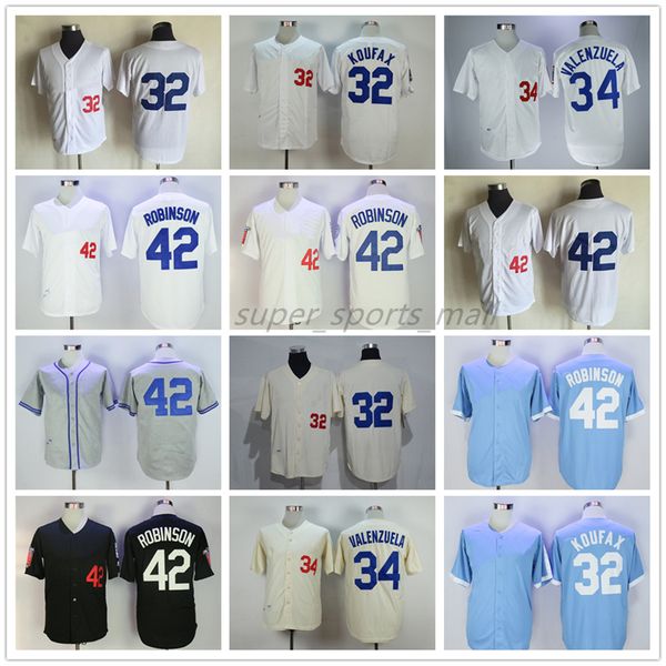 

vintage college baseball wears jersey 42 jackie robinson 34 fernando valenzuela 32 sandy koufax 1955 men women youth size s--xxxl, Black
