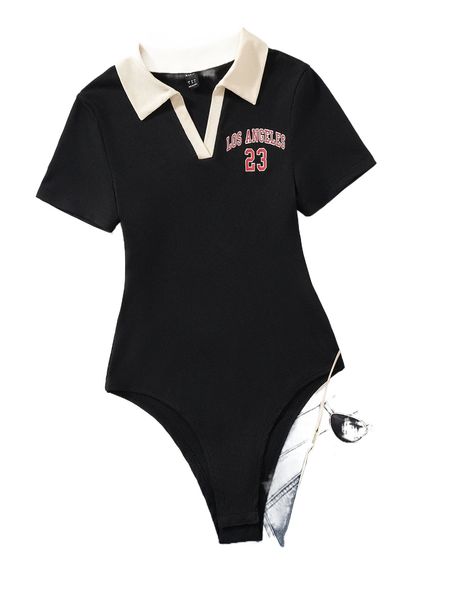 

letter graphic contrast collar rib knit bodysuit n9tp#, White