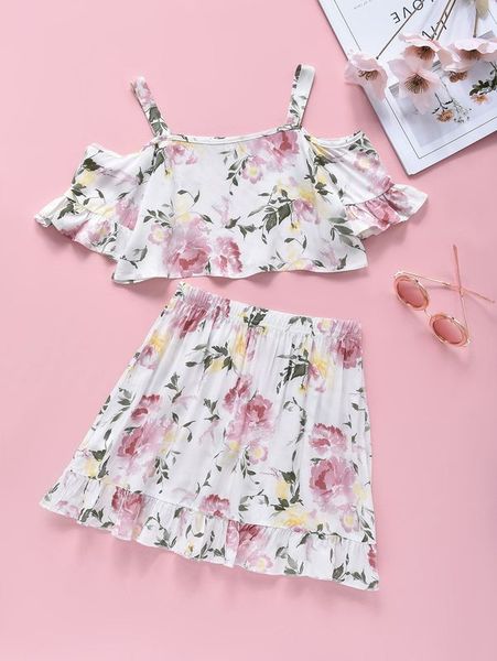

girls floral print cold shoulder flounce sleeve crop & ruffle hem skirt she, White