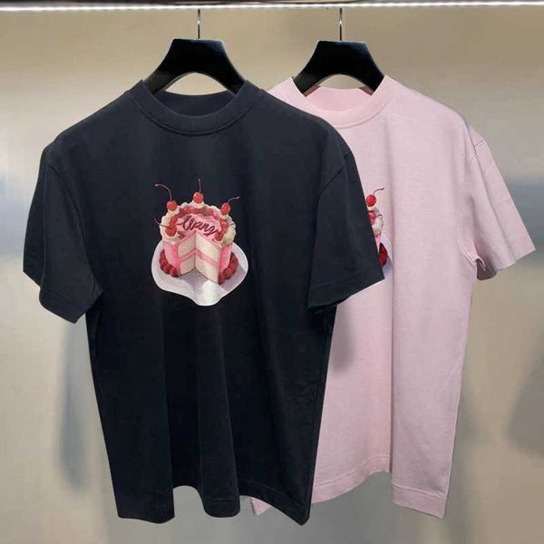 

[]2021 summer casual cake print round neck black short sleeve t-shirt women's fashion, White