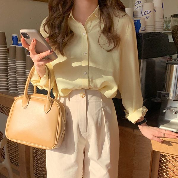 

sotton early spring all match loose turn down collar basic solid fresh college wind women female shirts 210426, White