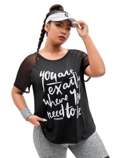 

plus slogan graphic contrast mesh raglan sleeve sports tee c2bj#, Black