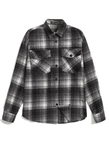 

1pc letter graphic tartan print flap pocket shirt c3kf#, White;black