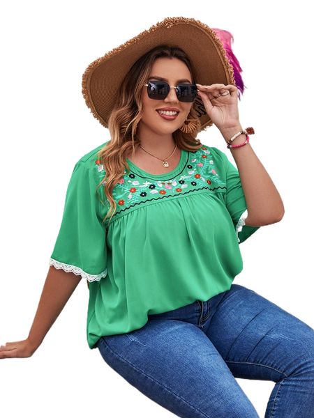 

plus floral embroidery lace cuff blouse m60g#, Black