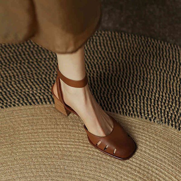 

sandals shallow mouth line buckle sandals women's spring style square toe baotou high heels thick heel shoes dj2q, Black