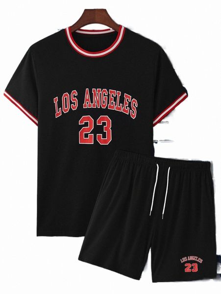 

men letter graphic striped trim tee & drawstring waist shorts a1eg#, Gray