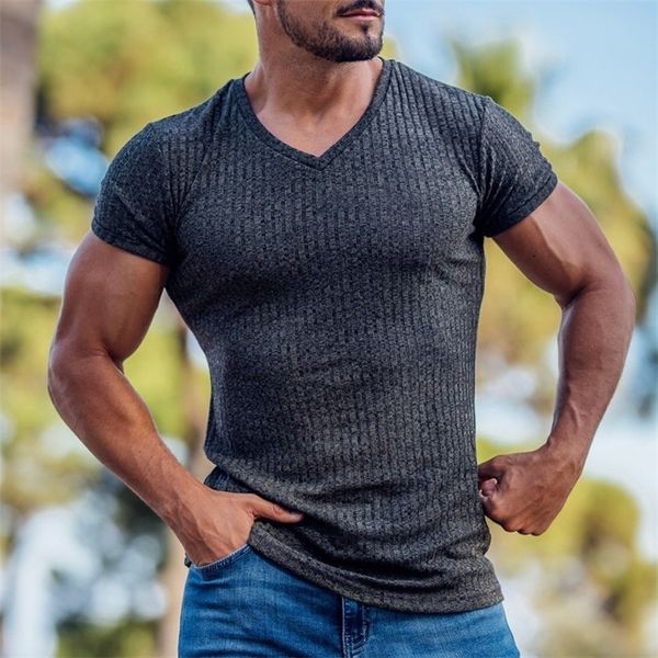 

mens v neck summer gym fitness sports solid color fashion man short sleeve casual slim fit tshirt 220616, White;black
