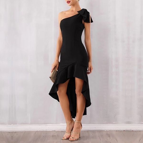 

asymmetrical black dress for women skew collar sleeveless off shoulder bowknot slim midi dresses female fashion clothes 210507, Black;gray