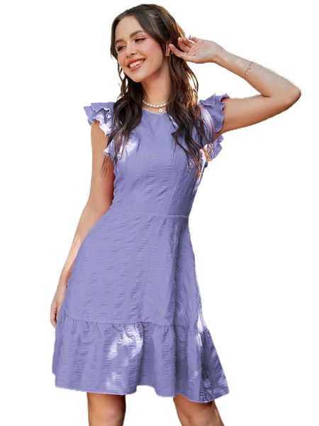 

textured layered sleeve ruffle hem dress b2sk#, Black;gray