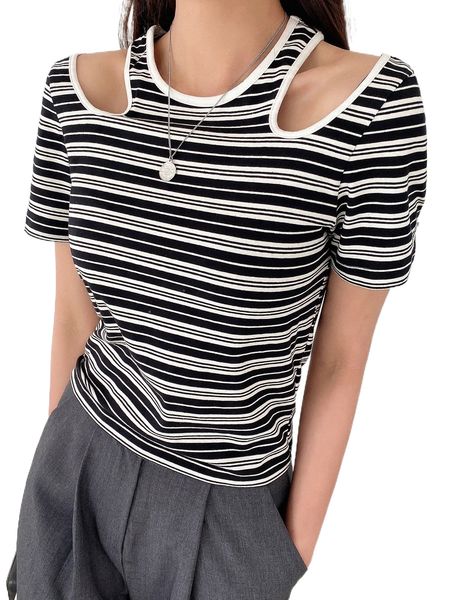 

dazy striped cut out shoulder tee k1cn#, White