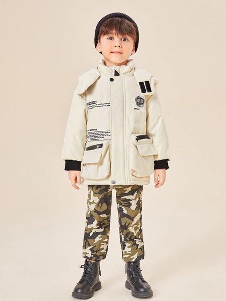 

toddler boys slogan graphic zipper pocket hooded puffer coat she, Blue;gray