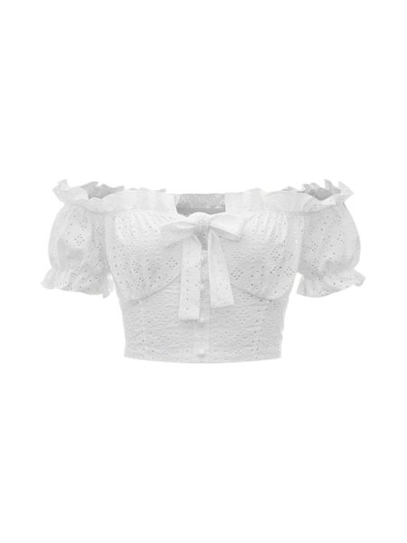 

eyelet embroidery off shoulder frill trim knot front crop i8fr#, White