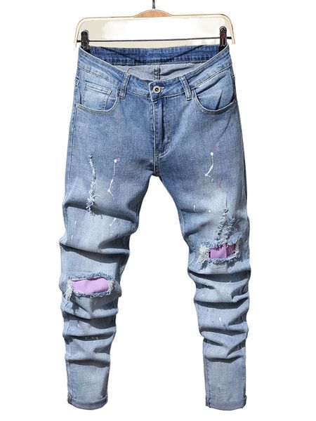 

men splash ink print ripped jeans r9xt#, Blue
