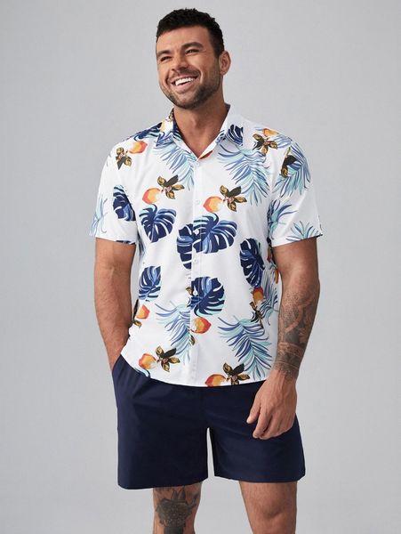 

extended sizes men tropical print shirt and drawstring waist shorts 90ho#, Gray