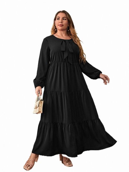 

plus tie front tiered layer dress 79kf#, Black