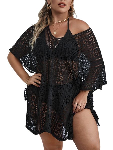 

plus knitted hollow out cover up v6wu#, Black