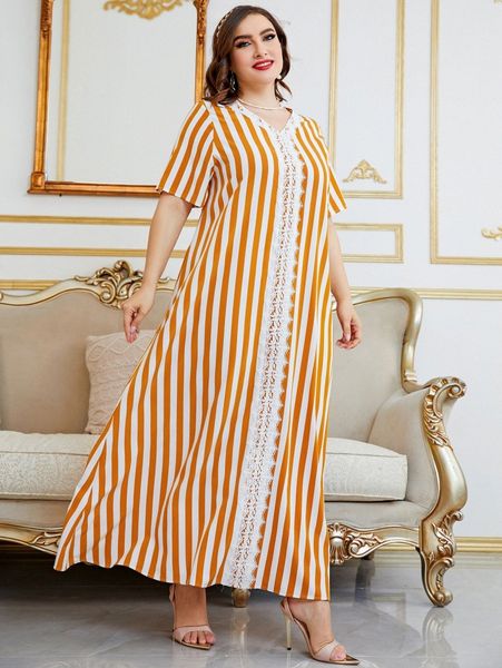 

plus vertical striped guipure lace panel tunic dress c2cm#, Black