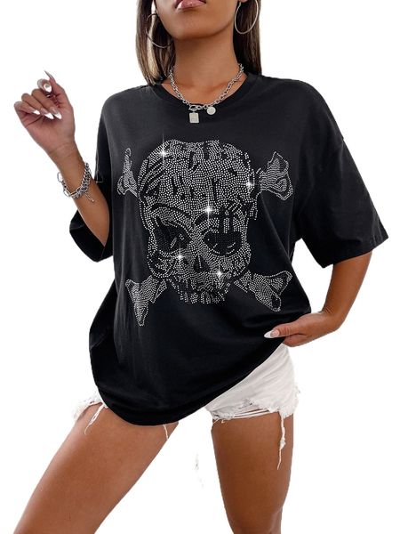 

drop shoulder rhinestone skull print u1ur#, White