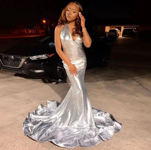 

new silver mermaid prom dresses 2022 for black girl v neck sleeveless graduation party evening dress birthday gowns robes de soirÃ©e