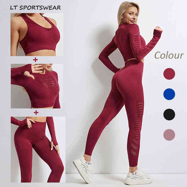 

suit for fitness women's tracksuit seamless hole blue long sleeve crop sports bra leggings yoga set female gym clothing t220727, White;red