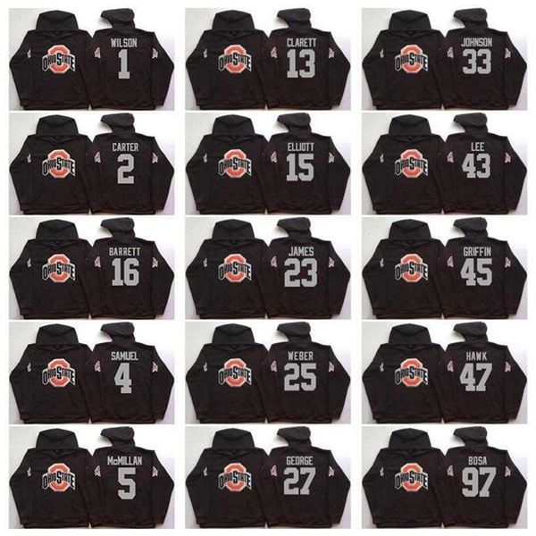 THR NCAA Ohio State Buckeyes College 97 BOSA 15 Elliott 12 C.Jones 16 Barrett 1 B.Miller Black Football Hoodie Hooded Heatshirt Jerseys