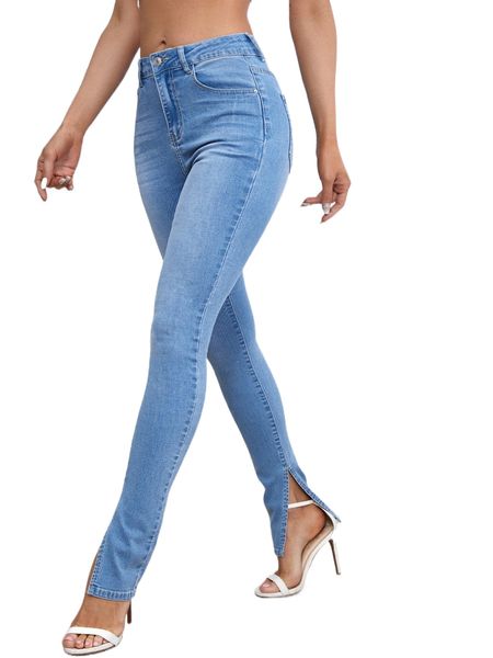 

split hem solid jeans s6ex#, Blue