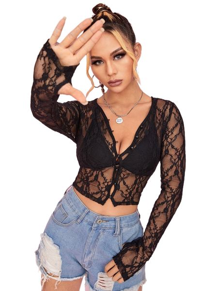 

button front sheer lace without bra d6lk#, White
