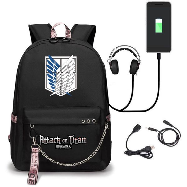 Borsa di design di lusso Zaini per cartoni animati di moda Zaino gigante Attack On Titan Zaino ricaricabile USB Zaini in tessuto Oxford Zaino di grande capacità