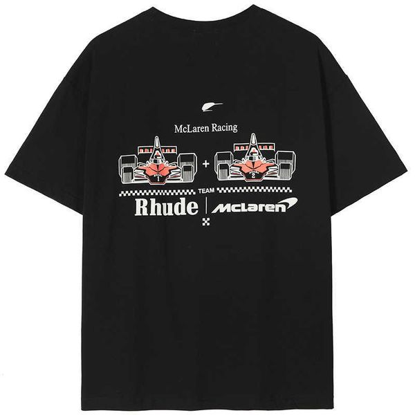 

rhude racing print short sleeve ins super fashion brand american high street summer loose round neck black t-shirt men's, White;black