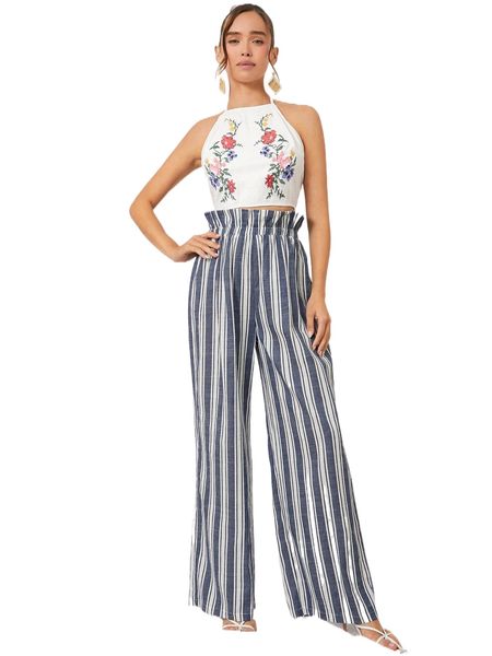 

striped print paper bag waist pants w6fu#, Black;white