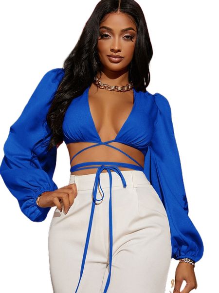 

lantern sleeve crisscross tie front u1m1#, White