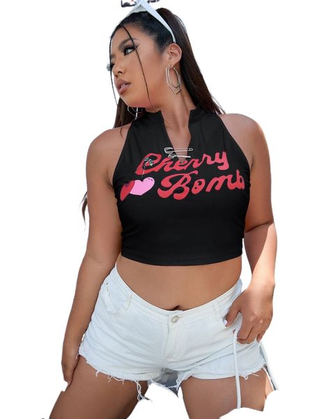 

plus cherry & letter print notched neck tank d70y#, Black