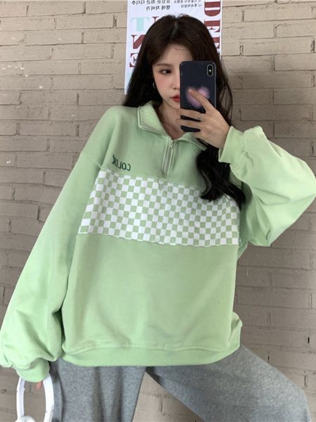 

deeptown korean style plaid print oversize hoodies women harajuku vintage checkerboard zip up sweatshirts polo collar loose, Black