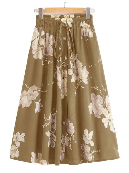 

floral print knot button front skirt x3xd#, Black