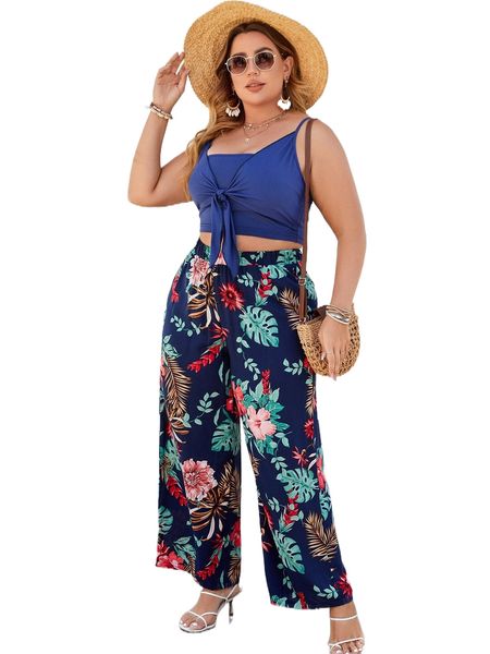 

plus tie front cami & tropical print wide leg pants 62fy#, Black