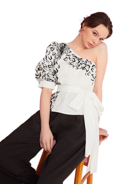 

x mercy mijares graphic print one shoulder puff sleeve belted blouse 983e#, White
