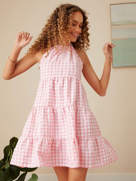 

buffalo plaid print ruffle hem tie back smock dress 15es#, Black;gray