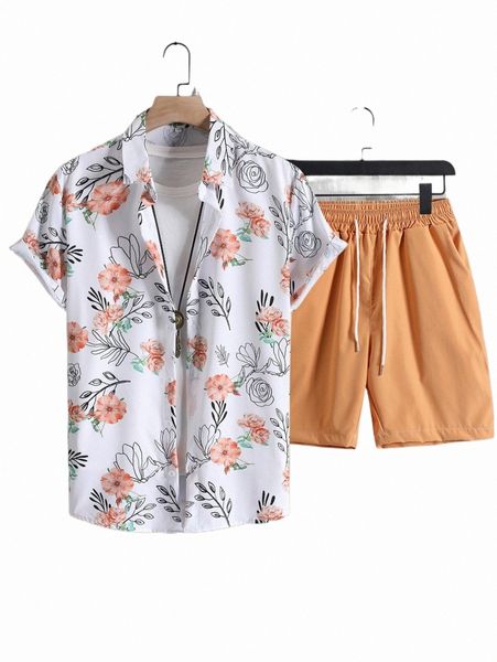 

men random floral print shirt & drawstring waist shorts without tee 033c#, Gray