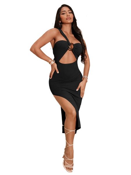 

cut out o-ring front one shoulder slit thigh dress g5hv#, Black;gray
