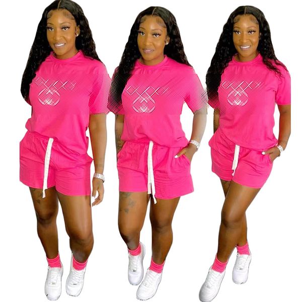 

new arrivals print tracksuits for women short sleeve o-neck and casual drawstring shorts brand 2 piece sets q6014, Gray