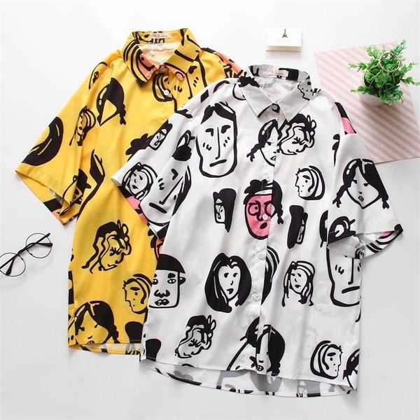

women blouses summer fashion graffiti streetwear cartoon face printing blouses short sleeve shirt camisas female 210702, White