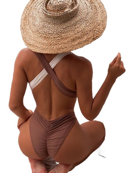 

color block cross ruched one piece swimsuit b3eg#, White;black