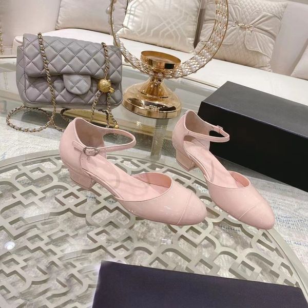 

2022 net red one button round head thick heel sandals hollow bag-head all-match single shoes women patent leather black pink