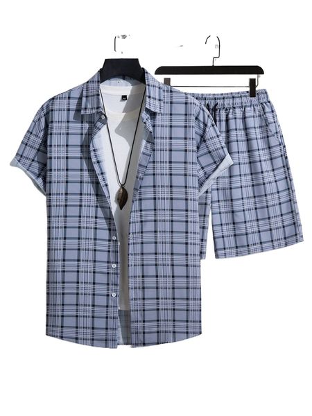 

men random plaid print shirt & drawstring waist shorts without tee c9ai#, Gray