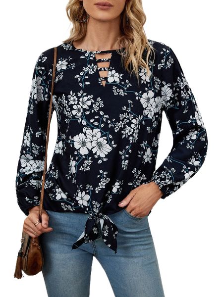 

emery rose floral print cut out lantern sleeve knot hem blouse e8n6#, White