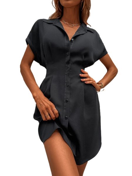

button through fold pleated shirt dress n70b#, Black;gray