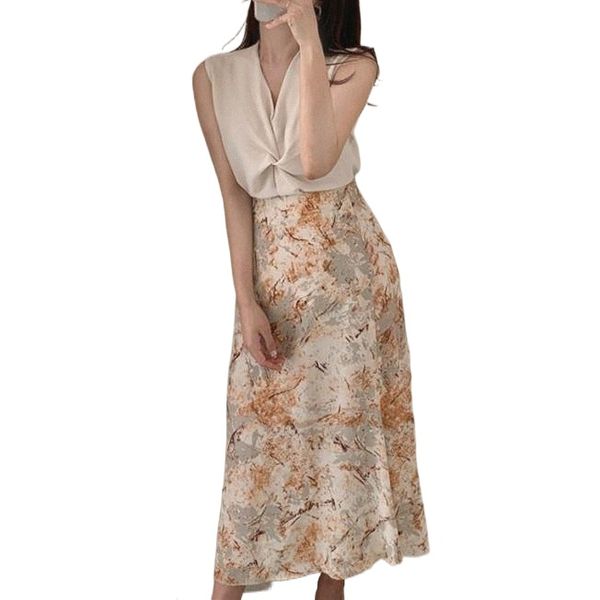 

vintage chiffon floral women's skirt elegant high waist ladies slit wrap skirts lady 2022 summer painting long print b69v#, Black
