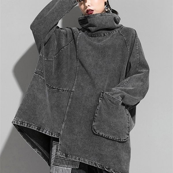 

[eam] loose fit black denim oversized sweatshirt high collar long sleeve women big size fashion spring autumn 1k166 220308