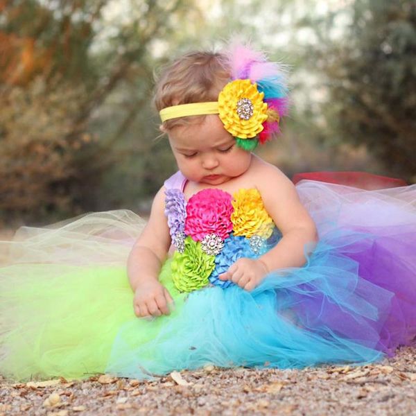 Kızın Elbiseleri Gökkuşağı Bebek Kız Fantezi Tutu Elbise Tatil Çiçek Kafa Bandı Ile Kabarık 1. Doğum Günü Po Kostüm TS092Girl's