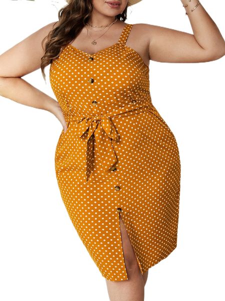 

plus polka dot fake button front belted cami dress s9no#, Black